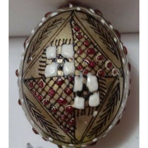 Vintage Romanian Pysanky Hand Painted Real Easter Egg Gold Red Checkered Diamond